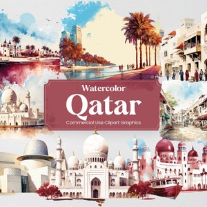 Watercolor Qatar, 15 Qatari Landmarks, Travel Vacation Holiday Digital Print, Clipart PNG format Transparent Background Commercial Use
