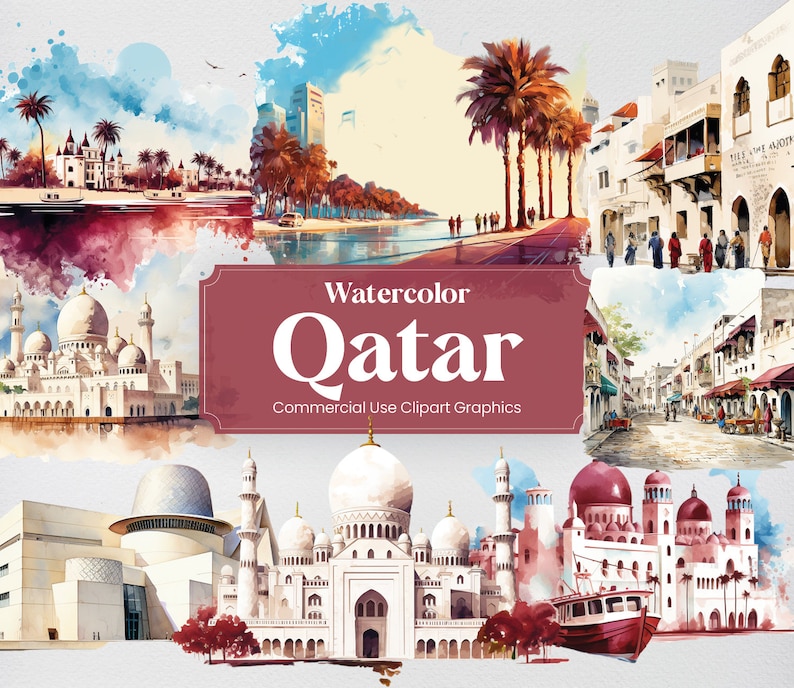 Watercolor Qatar, 15 Qatari Landmarks, Travel Vacation Holiday Digital