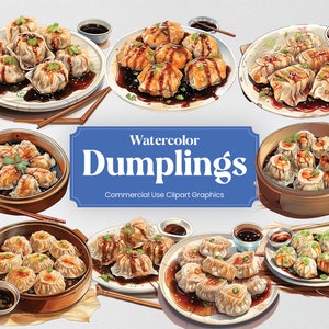 May include: Watercolour illustrations of various dumplings in different styles and arrangements. The dumplings are in a variety of shapes and sizes, and some are filled with meat or vegetables. The illustrations are in a watercolour style, and the colours are bright and vibrant. The text "Watercolor Dumplings" is written in a bold font at the top of the image. The text "Commercial Use Clipart Graphics" is written in a smaller font below the title.