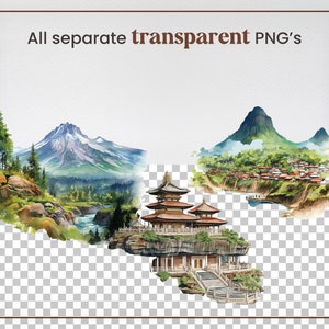 May include: Watercolor painting of three Asian landscapes. The first scene depicts a mountain range with a river flowing through it. The second scene shows a temple on a cliff overlooking a valley. The third scene features a mountain with a village at its base.