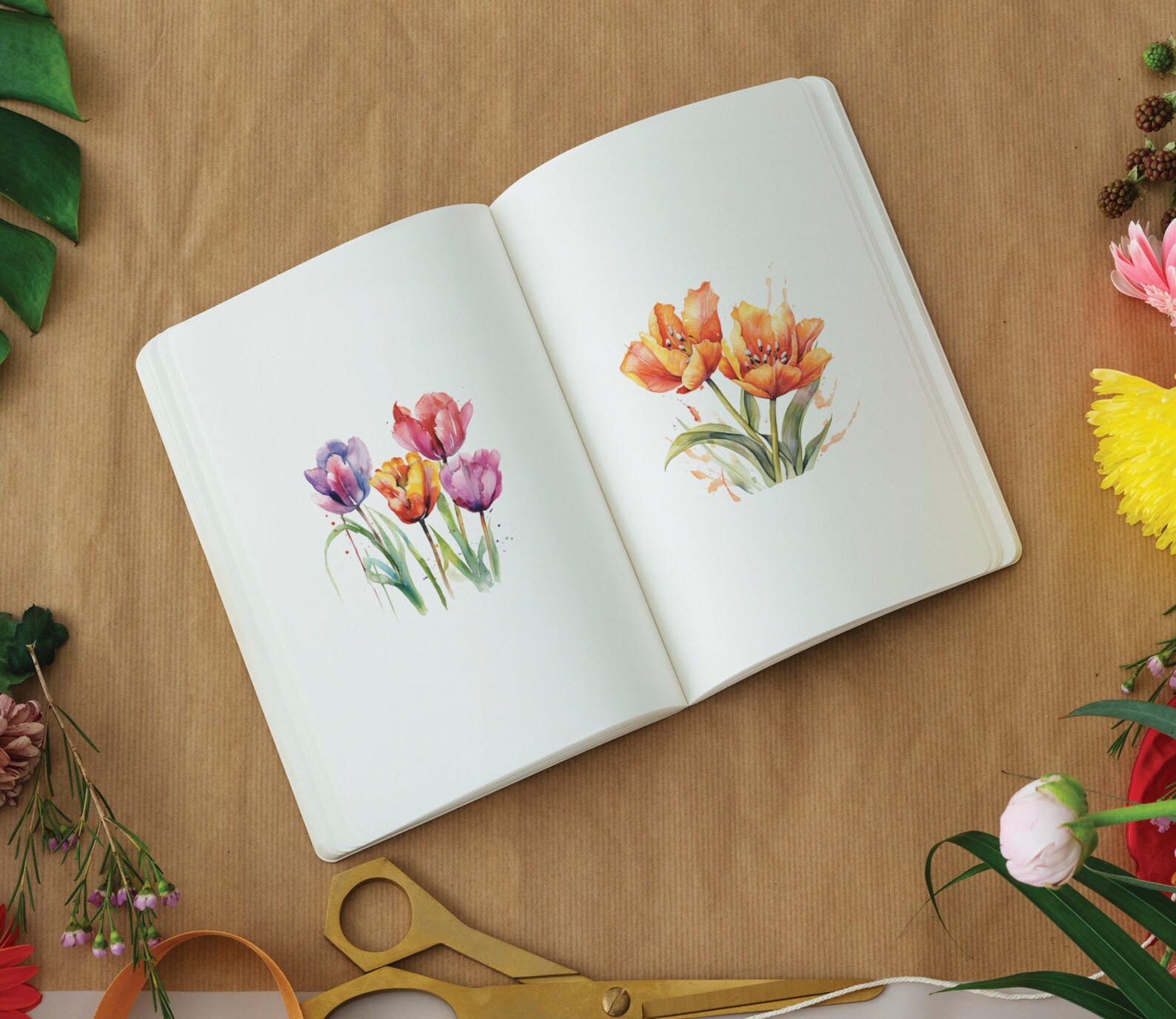 Watercolor Tulips, 28 Tulip Plants Flowers Spring Floral Bouquet Flora ...
