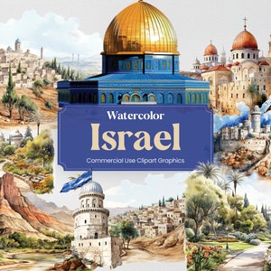 Acquerello Israele, 30 punti di riferimento israeliani, stampa digitale per vacanze di viaggio, formato PNG Clipart sfondo trasparente per uso commerciale