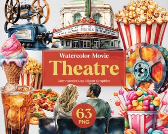 Watercolor Movie Theatre, 63 Cinema Clipart Mega Bundle Digital Prints, PNG format Transparent Background for Commercial Use
