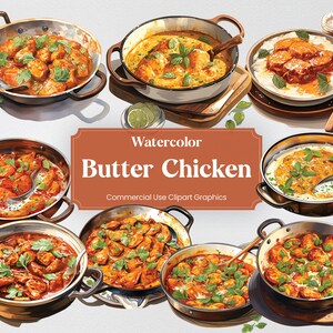 Poulet au beurre aquarelle, cuisine indienne 27, culture culinaire, manger, impression numérique, clipart PNG sur fond transparent usage commercial