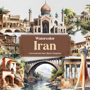 Aquarel Iran, 51 Iraanse monumenten, reizen vakantie vakantie digitale print, clipart PNG-formaat transparante achtergrond commercieel gebruik