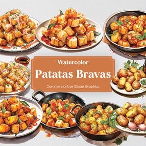 Acuarela Patatas Bravas, 28 Cocina Española, Cultura Alimentaria Culinaria Comer Impresión Digital, Clipart PNG Fondo Transparente Uso Comercial