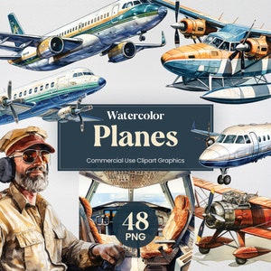 Watercolor Plane, 48 Airplane Clipart, Travel Aircraft Digital Prints, PNG format Transparent Background for Commercial Use
