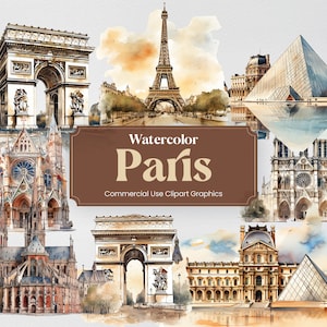 Aquarelle Paris, 25 monuments parisiens, voyage vacances vacances impression numérique, format PNG Clipart fond transparent utilisation commerciale