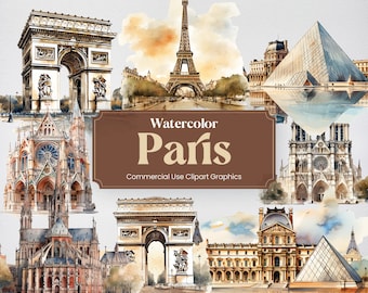 Watercolor Paris, 25 Parisian Landmarks, Travel Vacation Holiday Digital Print, Clipart PNG format Transparent Background Commercial Use