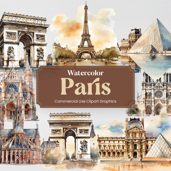 Watercolor Paris, 25 Parisian Landmarks, Travel Vacation Holiday Digital Print, Clipart PNG format Transparent Background Commercial Use