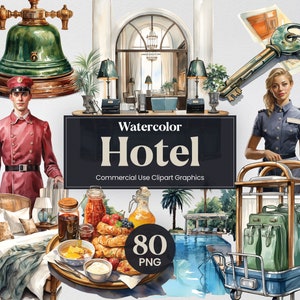 Clipart per hotel ad acquerello, mega pacchetto di viaggi per 84 vacanze, stampe digitali per le vacanze, formato PNG con sfondo trasparente per uso commerciale