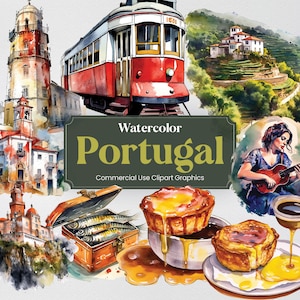 Watercolor Portugal, 31 Portugeuse Landmarks, Travel Vacation Digital Print, Clipart PNG format Transparent Background Commercial Use