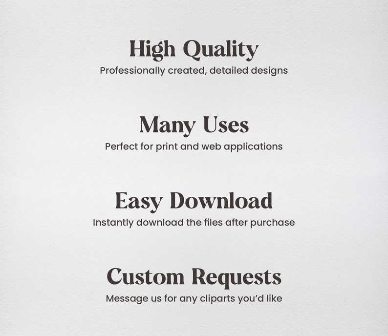 Pode incluir: Gr&aacute;fico de texto com as palavras "Alta qualidade", "Criado profissionalmente, designs detalhados", "Muitas utiliza&ccedil;&otilde;es", "Perfeito para impress&atilde;o e aplica&ccedil;&otilde;es web", "Download f&aacute;cil", "Fa&ccedil;a o download instantaneamente dos arquivos ap&oacute;s a compra", "Pedidos personalizados", e "Entre em contato conosco para qualquer clipart que voc&ecirc; gostaria".