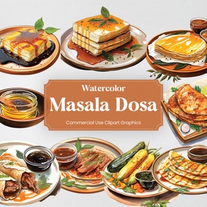 Aquarel Masala Dosa, 19 Indiase keuken, eetcultuur culinair eten digitale print, clipart PNG transparante achtergrond commercieel gebruik