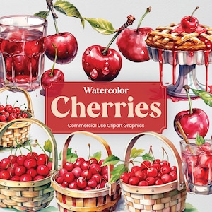 Aquarell Kirschen, 47 Kirschen Obst Clipart, Pflanze und Baum Digitaldrucke, PNG-Format mit transparentem Hintergrund für kommerzielle Nutzung