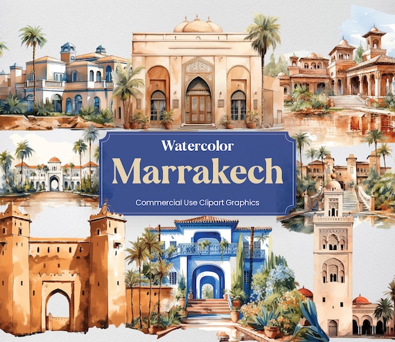 Watercolor Marrakech, 28 Marrakshi Landmarks, Travel Vacation Holiday Digital Print, Clipart PNG Transparent Background Commercial Use