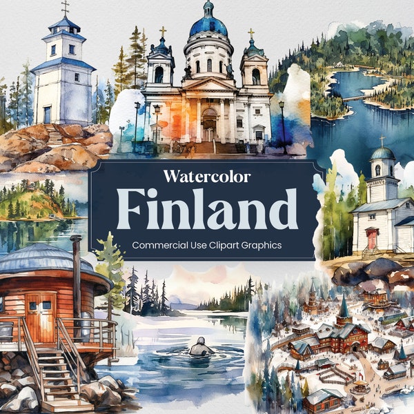 Watercolor Finland, 32 Finnish Landmarks, Travel Vacation Holiday Digital Print, Clipart PNG format Transparent Background Commercial Use