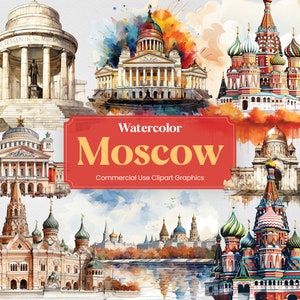 Watercolor Moscow, 27 Muscovite Landmarks, Travel Vacation Holiday Digital Print, Clipart PNG format Transparent Background Commercial Use