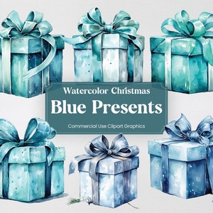 Könnte beinhalten: Sechs Aquarell-Illustrationen von blauen Weihnachtsgeschenken mit weißen Schleifen. Die Geschenke sind alle in verschiedenen Größen und Formen und alle mit einer Schleife gebunden. Die Geschenke befinden sich alle auf einem weißen Hintergrund.