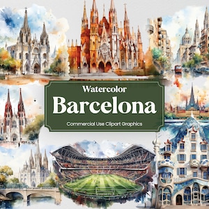 Acuarela Barcelona, 29 monumentos catalanes, viajes vacaciones impresión digital, imágenes prediseñadas PNG fondo transparente uso comercial