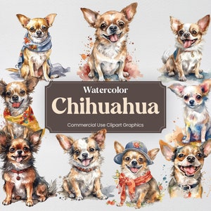 Aquarell Chihuahua Hund Clipart, 24 Tiere Digital Clip Art, PNG Format mit transparentem Hintergrund für kommerzielle Nutzung