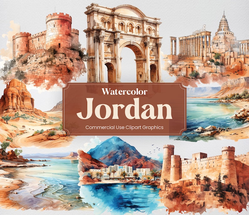 Op de afbeelding: Waterverf illustraties van verschillende bezienswaardigheden in Jordani&euml;, waaronder een kasteel, een boog, een tempel, een woestijnlandschap en een kustlandschap. De tekst "Watercolor Jordan Commercial Use Clipart Graphics" wordt weergegeven op een bruine rechthoek.