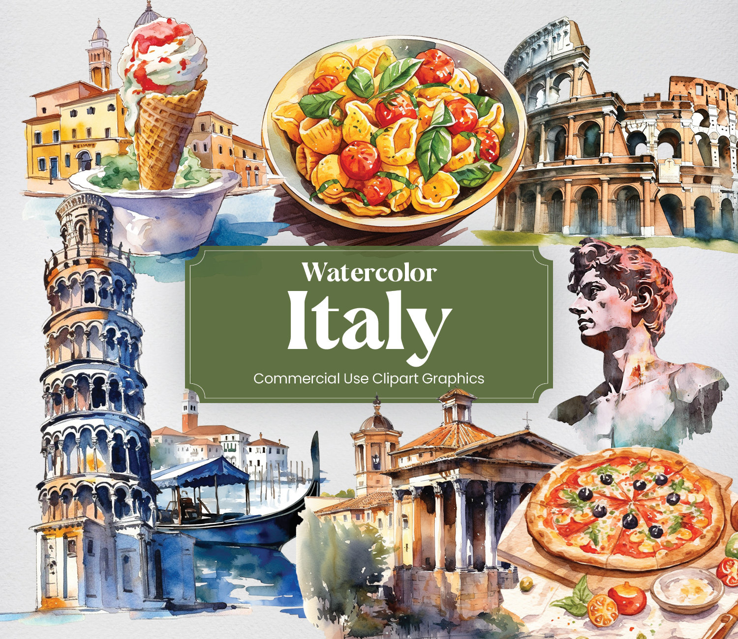 Watercolor Italy, 35 Italian Landmarks, Travel Vacation Holiday