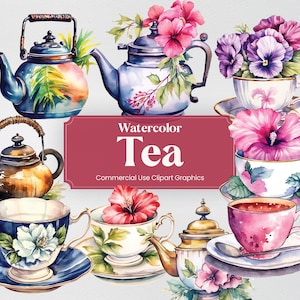 May include: Watercolor illustration of teacups, teapots, and flowers. The teacups are decorated with floral patterns and the teapots are in various colors and styles. The flowers are pink, purple, and white. The text "Watercolor Tea Commercial Use Clipart Graphics" is displayed on a red banner.