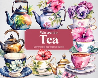 Watercolor Tea Set, 47 Tea Clipart, Herbal Tea Pots Cups Leaves Teabags Digital Print, PNG format Transparent Background Commercial Use