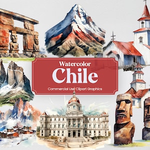 Aquarell Chile, 47 chilenische Wahrzeichen, Reise Urlaub Urlaub Digitaldruck, Clipart PNG Format Transparenter Hintergrund kommerzielle Nutzung