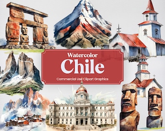 Watercolor Chile, 47 Chilean Landmarks, Travel Vacation Holiday Digital Print, Clipart PNG format Transparent Background Commercial Use