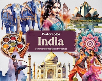 Watercolor India, 30 Indian Landmarks, Travel Vacation Holiday Digital Print, Clipart PNG format Transparent Background Commercial Use