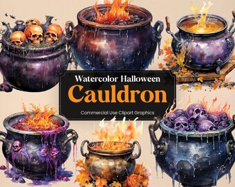 Akwarela Halloween Cauldron, 11 Spooky Witch Clipart, Straszny H'ween Digital Print, Clipart PNG Przezroczyste Tło Użytek Komercyjny