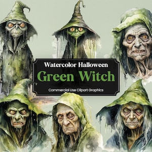 May include: Watercolor illustrations of six green witches with different facial expressions. The witches are wearing green pointed hats and robes. The text "Watercolor Halloween Green Witch Commercial Use Clipart Graphics" is displayed below the images.