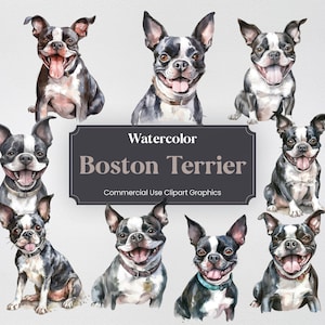 Watercolor Boston Terrier Dog Clipart, 23 Animal Digital Prints, PNG format with Transparent Background for Commercial Use