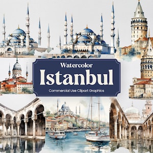 Pode incluir: Ilustrações de aquarela de marcos de Istambul, incluindo a Hagia Sophia, a Mesquita Azul, a Torre de Galata e o Estreito de Bósforo. As ilustrações estão em uma paleta de cores suaves e abafadas e têm um toque vintage.