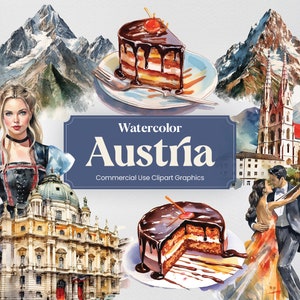 Watercolor Austria, 34 Austrian Landmarks, Vacation Holiday Digital Print, Clipart PNG format Transparent Background Commercial Use