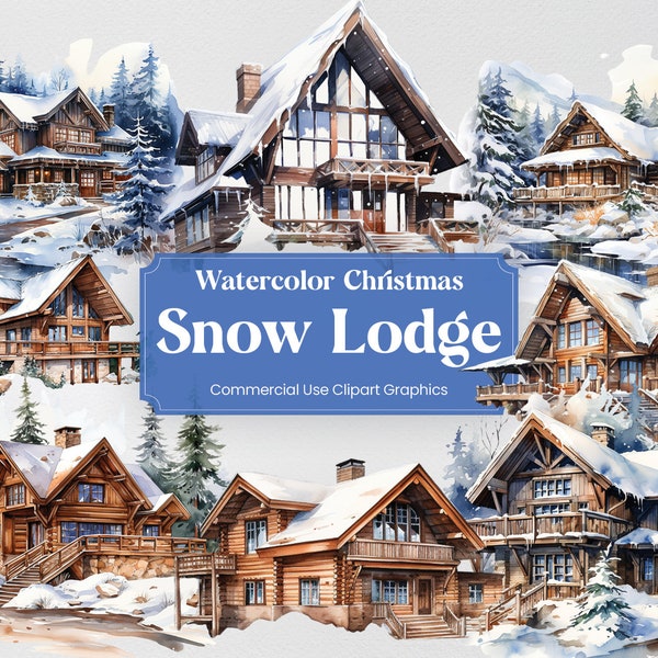 Watercolor Christmas Snow Covered Lodge, 9 Festivities Clipart, Advent Digital Print, Clipart PNG Transparent Background Commercial Use