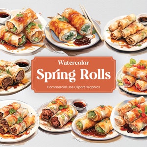 Puede incluir: Ilustraciones de acuarela de rollitos de primavera en platos blancos con un título que dice "Acuarela Rollitos de primavera Uso comercial Clipart Gráficos".