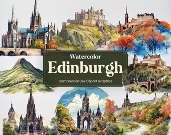 Watercolor Edinburgh, 28 Scotland Edinburgher Landmarks, Travel Vacation Digital Print, Clipart PNG Transparent Background Commercial Use