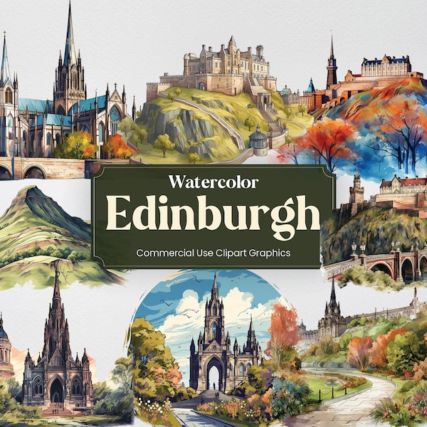 Watercolor Edinburgh, 28 Scotland Edinburgher Landmarks, Travel Vacation Digital Print, Clipart PNG Transparent Background Commercial Use