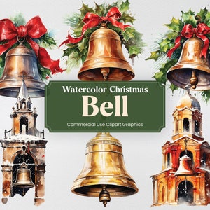 May include: Watercolor Christmas Bell clipart graphics. Five illustrations of gold bells with red bows and holly. Two bells are in church towers with snow on the roofs.