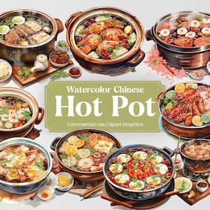 Peut inclure: Illustration aquarelle de huit différents pots chauds chinois avec divers ingrédients, dont des fruits de mer, de la viande, des légumes et des œufs. L'illustration est intitulée "Watercolor Chinese Hot Pot" et "Commercial Use Clipart Graphics".