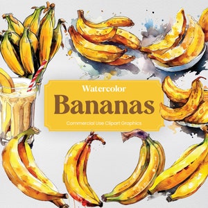 Aquarelle banane, 21 fruits bananes Clip Art, plantes et arbres impressions numériques, format PNG avec fond Transparent pour un usage commercial