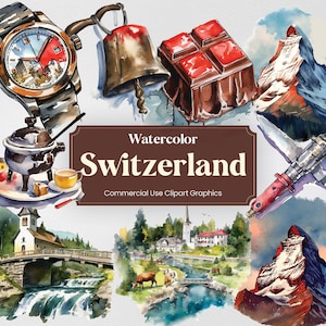 Watercolor Switzerland, 37 Switss Landmarks, Travel Vacation Holiday Digital Print, Clipart PNG format Transparent Background Commercial Use