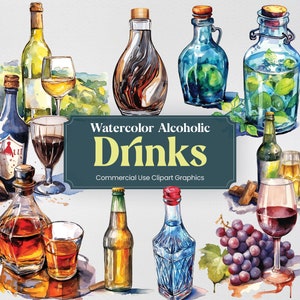 Bevande alcoliche dell'acquerello, 44 bevande Clipart, stampa digitale della birra, formato PNG Clipart sfondo trasparente per uso commerciale