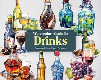 Bebidas alcohólicas de acuarela, 44 imágenes prediseñadas de bebidas, impresión digital de elaboración de cerveza, formato PNG de imágenes prediseñadas, uso comercial de fondo transparente