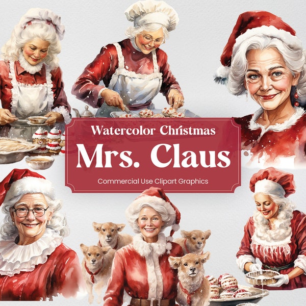 Watercolor Christmas Mrs. Claus, 12 Festivities Clipart, Advent Nativity Digital Print, Clipart PNG Transparent Background Commercial Use