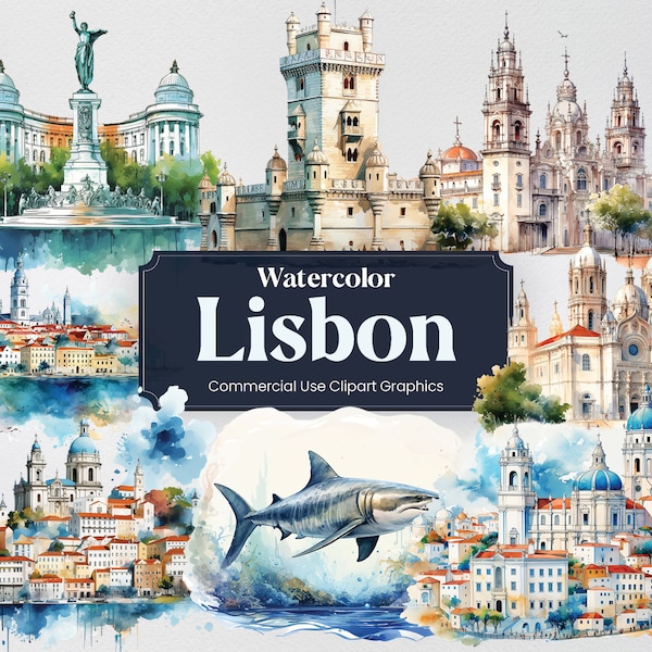 Watercolor Lisbon, 28 Portugal Lisbonite Landmarks, Travel Vacation Holiday Digital Print, Clipart PNG Transparent Background Commercial Use