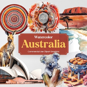 Acuarela Australia, 34 monumentos australianos, impresión digital de vacaciones, formato PNG clipart fondo transparente uso comercial